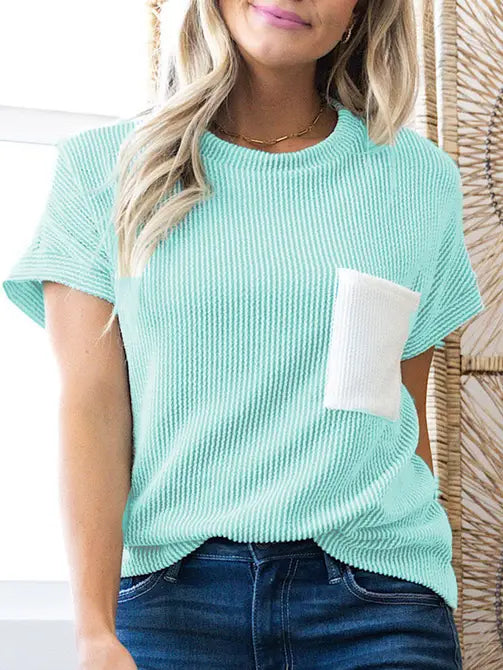 Pink Corded Knit Color Block Pocketed Crew Neck T Shirt