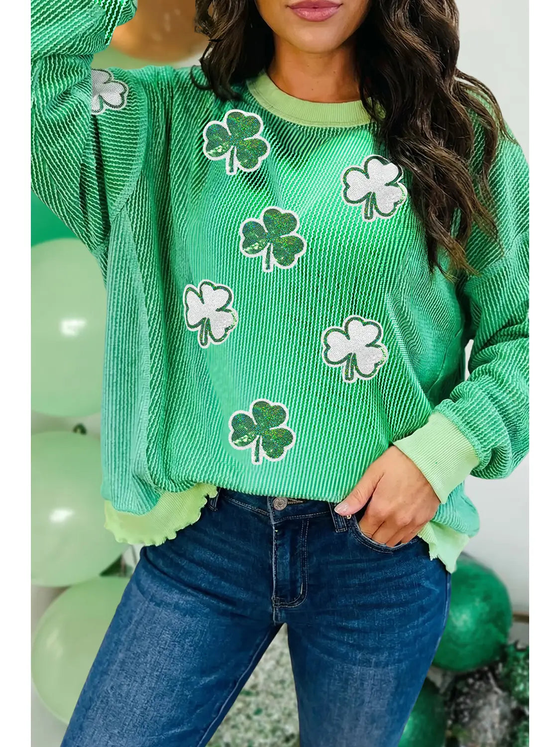 St. Patrick Sequin Clover Patched Graphic Top