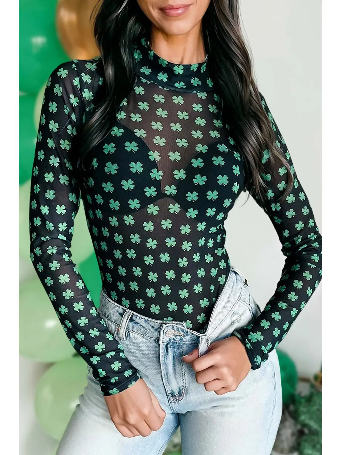St Patrick Print Long Sleeve Mesh Bodysuit